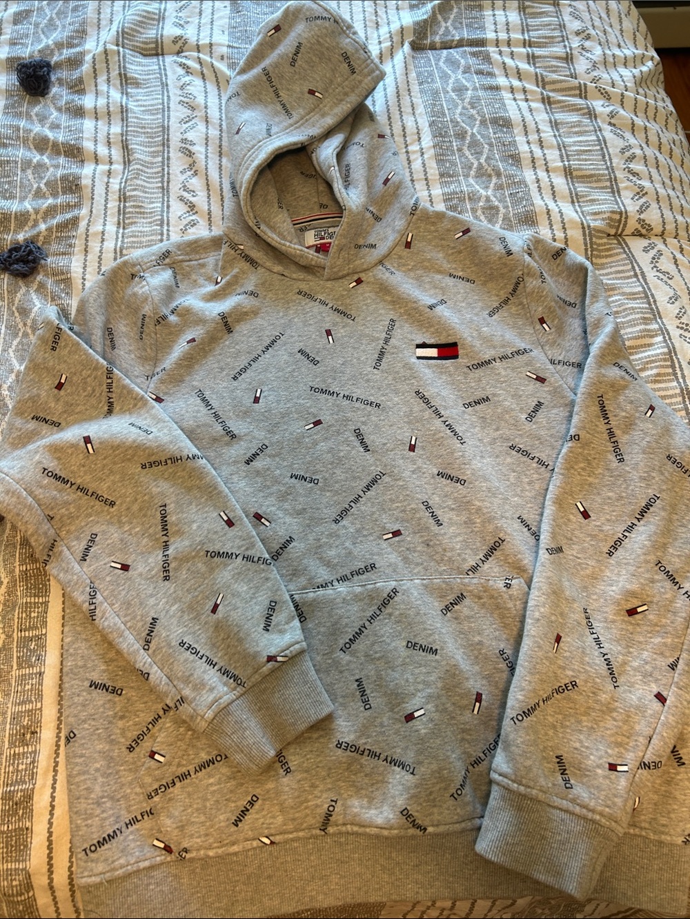 Tommy Hilfiger Heather Gray Allover Logo Hoodie with Flag Patch